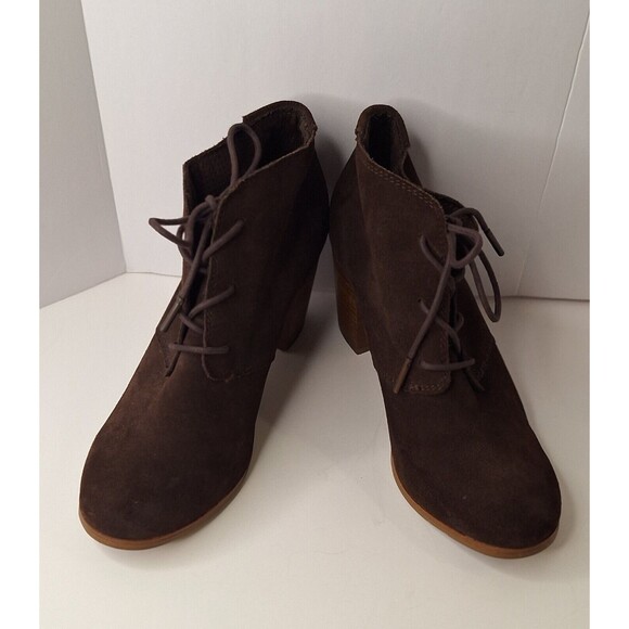 TOMS Lunata Brown Suede Heeled Lace Up Ankle Boots Women's Sz 8 Bohemian Hippie - Picture 2 of 11